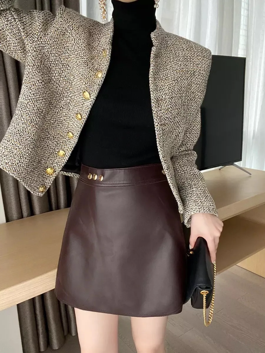 High Quakity 2024 New Leather Skirt  Genuine Leather Ladies High Waist Sheepskin Korean Slim A-Line Pack Hip Korean Skirt