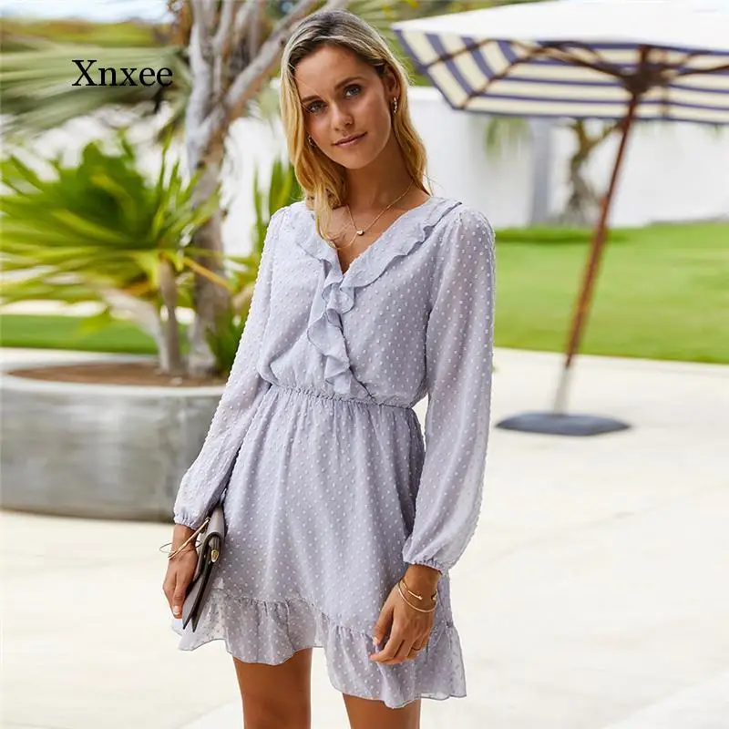 Sexy V Neck Ruffles Dress Women Full Length High Waist Summer Solid Dress Female Casual a Line Dress Office Lady