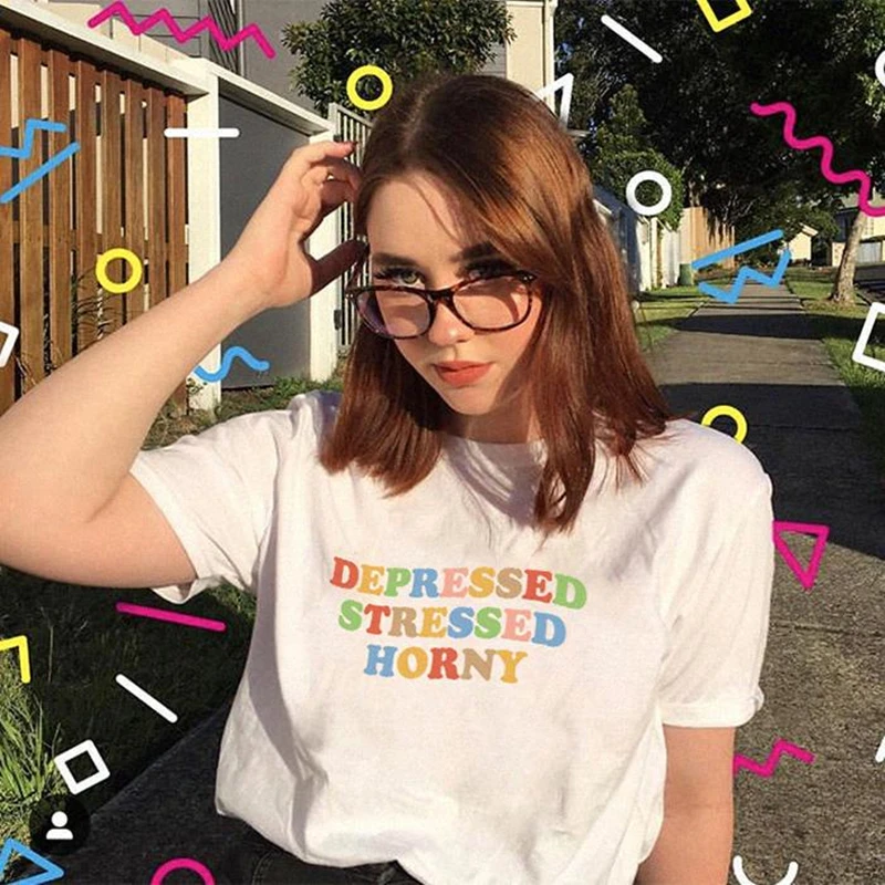 

kuakuayu HJN Female T-shirt Rainbow Letter Printed tshirt Summer Fashion Depressed Stressed Horny Slogan Cotton T Shirt