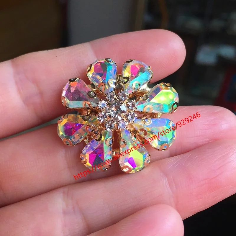 Gorgeous Crystal Decorative Button for Women Coat Red Black Grey Brown Blue Rhinestone Big Shank Flower Button For Garments