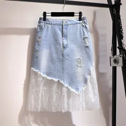 150Kg Plus Size Women's Spring Summer Mesh Panel A-Line Denim Skirt Blue Hip 154cm 5XL 6XL 7XL 8XL 9XL