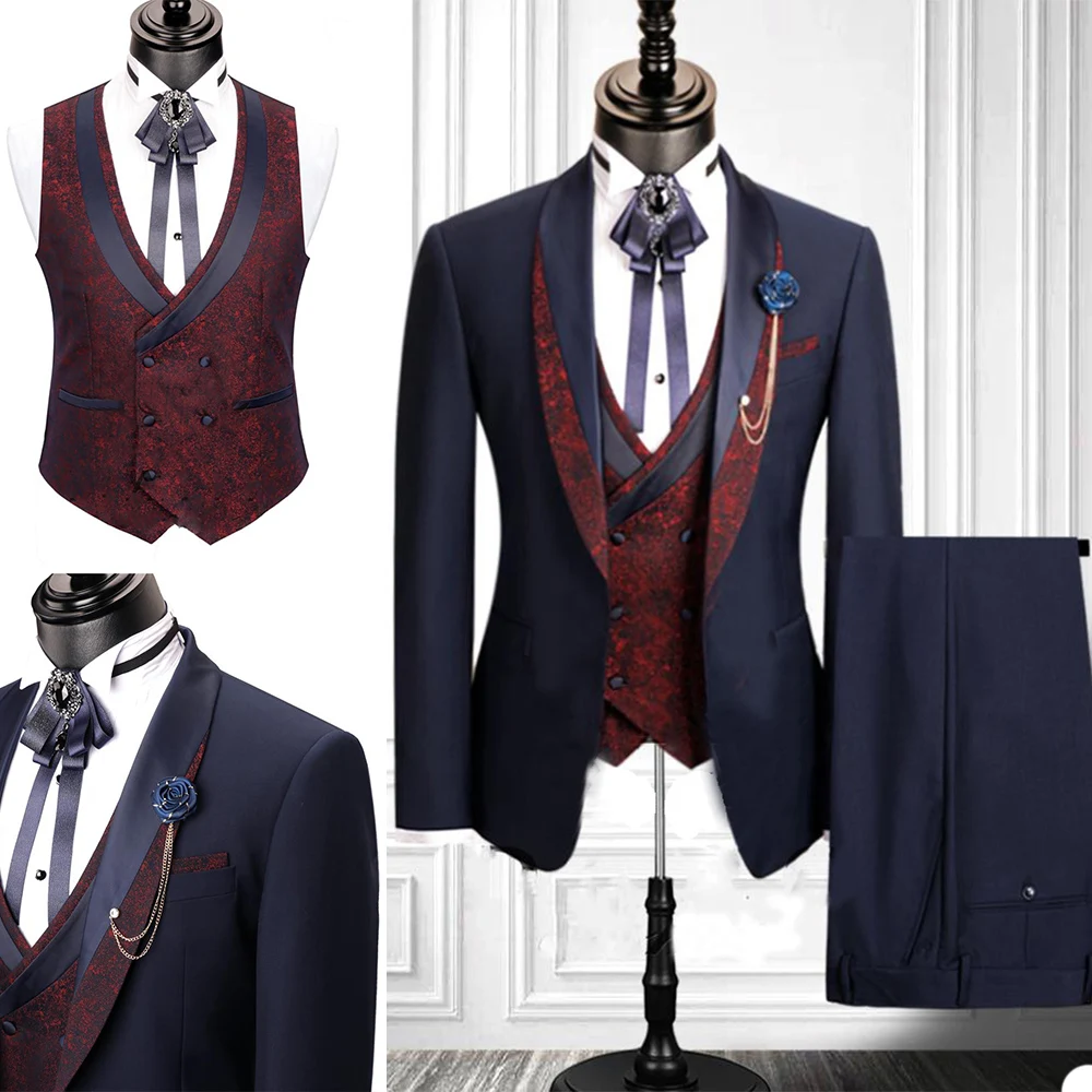 Formalne ślubne garnitury męskie One Button trzyczęściowy szal Lapel Gold Mens Custom Made Designer smokingi ślubne (kurtka + płaszcz + spodnie)