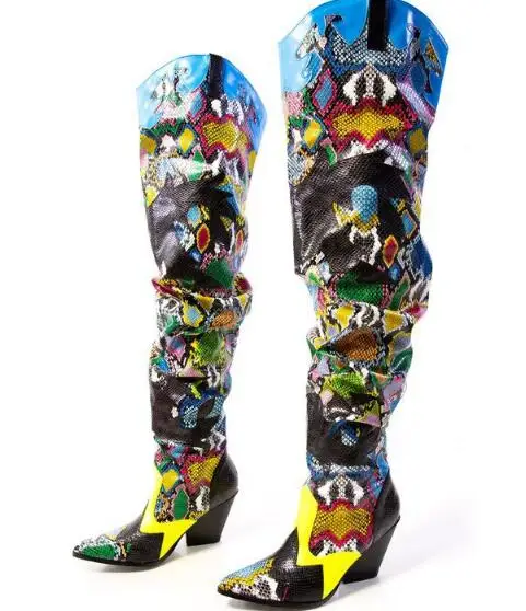 

Dipsloot Hot Woman Patchwork Python Loose Over The Knee Boots Pointed Toe Chunky Heels Slip On High Top Tube Long Boots Shoes