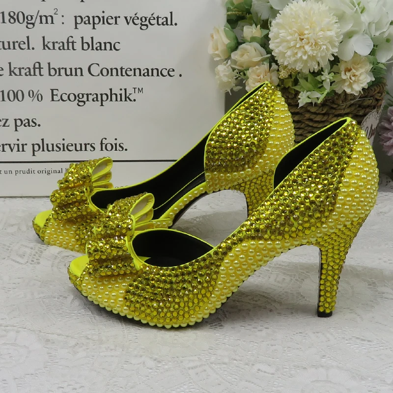 BaoYaFang Lemon Yellow Crystal Pearl women wedding shoes woman High heel pumps women Bowtie Red sole fashion shoe Royal Blue