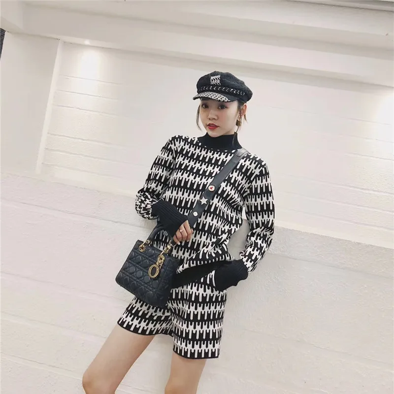 Women Knit Set Shorts Pullover 2 Piece Spring Autumn Knitted Turtleneck Sweater Casual Chic Pant Two Piece Tracksuit