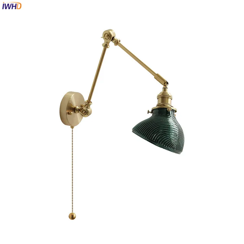 IWHD Nordic Modern Glass Wall Lamp Beside Pull Chain Switch Bedroom Stair Light Copper Long Arm Wall Sconce LED Wandlamp