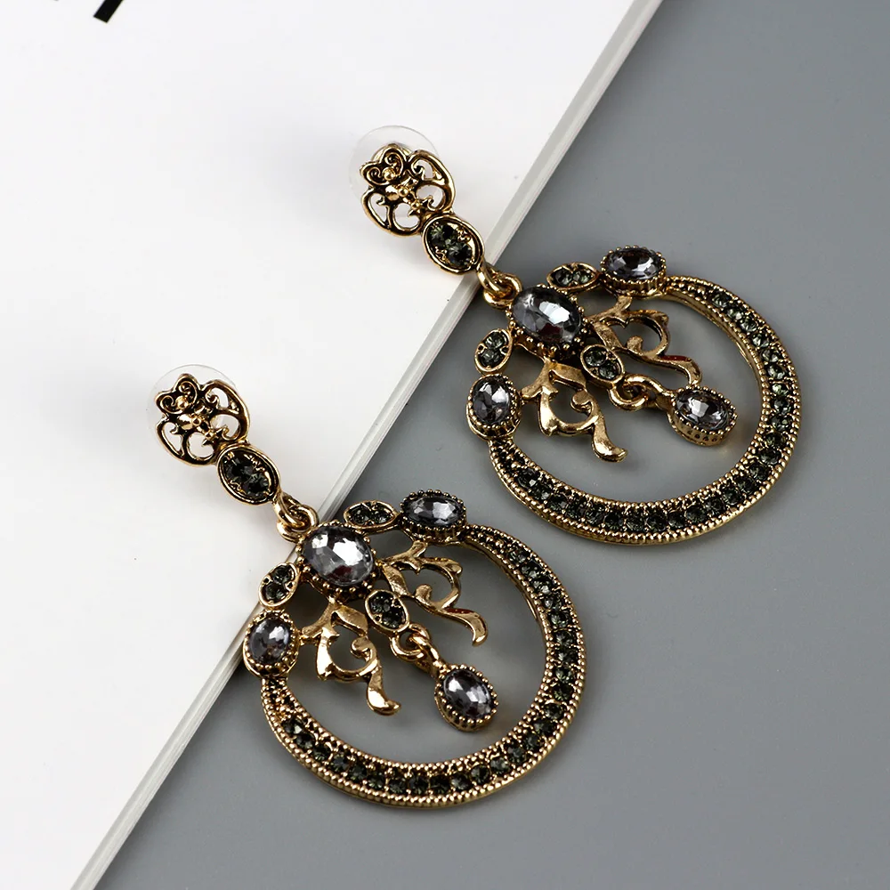 Turkish Grey Crystal Drop Earring For Women Antique Gold Color Indian Earring Vintage Round Wedding jewelry