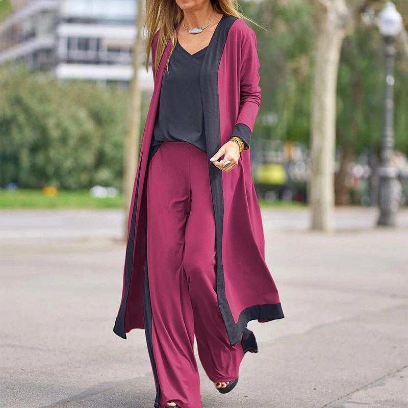 Women Casual V-Neck Sling Top Straight Trouser Long Cardigan 3PCS Suit Solid Wide Leg Pant Spring Autumn Streetwear Dropshipping