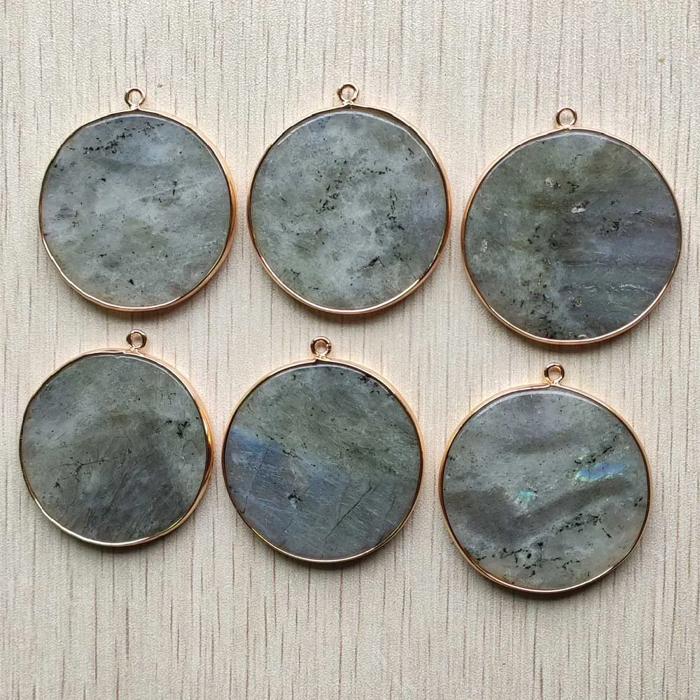 

Fashion natural labradorite stone round gold color side pendants for women and men jewelry making wholesale 6pcs free shipping