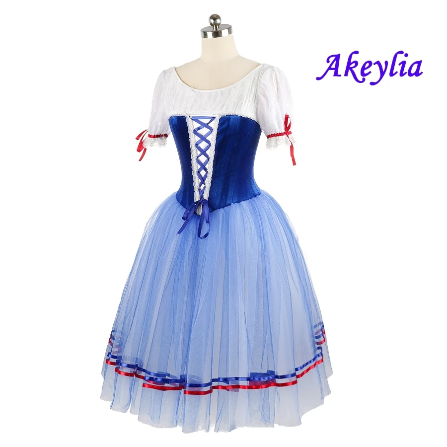 Flame of Paris Romantic Ballet Tutu Costume Giselle Professional Tutus Peasant women Blue White long Ballet dress Village Girls