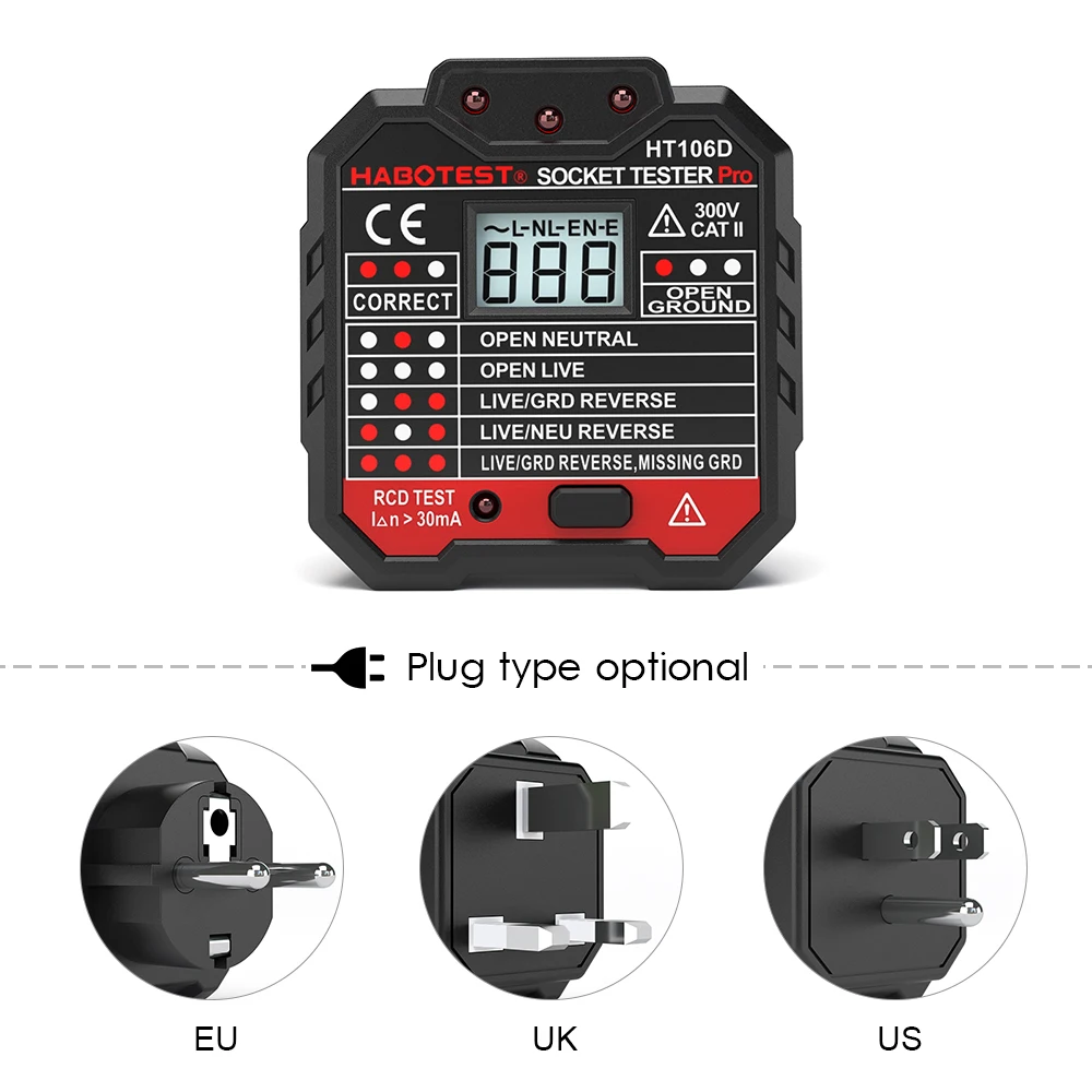 Habotest-ht106bht106d ht106e電圧テスター,euプラグ検出器,接地ゼロライン,極性フェーズチェック