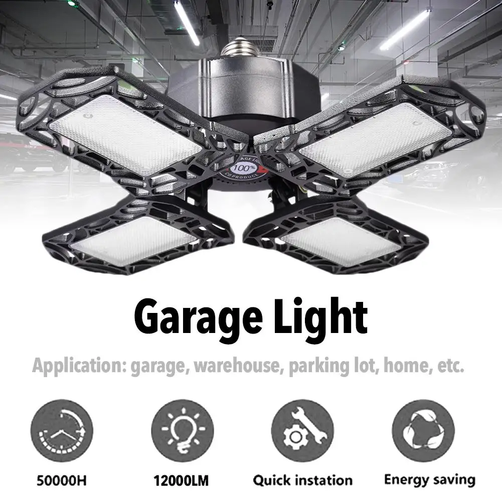 

E27 4 Panel LED Garage Lighting Foldable AC85-265V 120W 96LED Deformable Garage Ceiling Light 12000LM 6000-6500K for parking lot