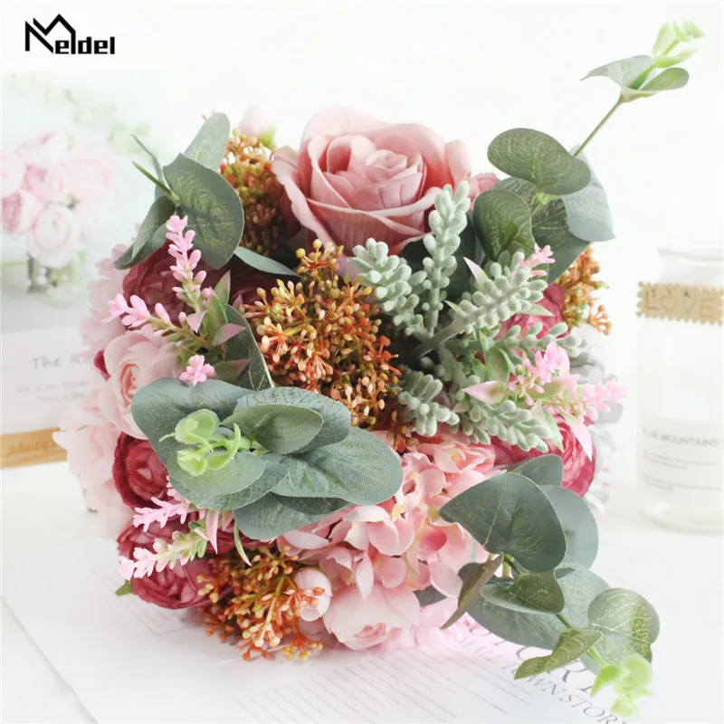 Meldel-ramo de flores para novia, rosa de seda Artificial, peonía rosa, flores de sujeción, decoración de fiesta en casa