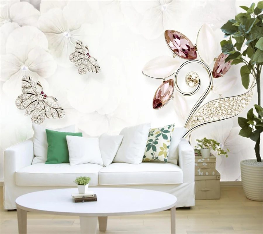 Custom wallpaper 3d luxury crystal butterfly European three-dimensional jewelry background wall living room bedroom decoration