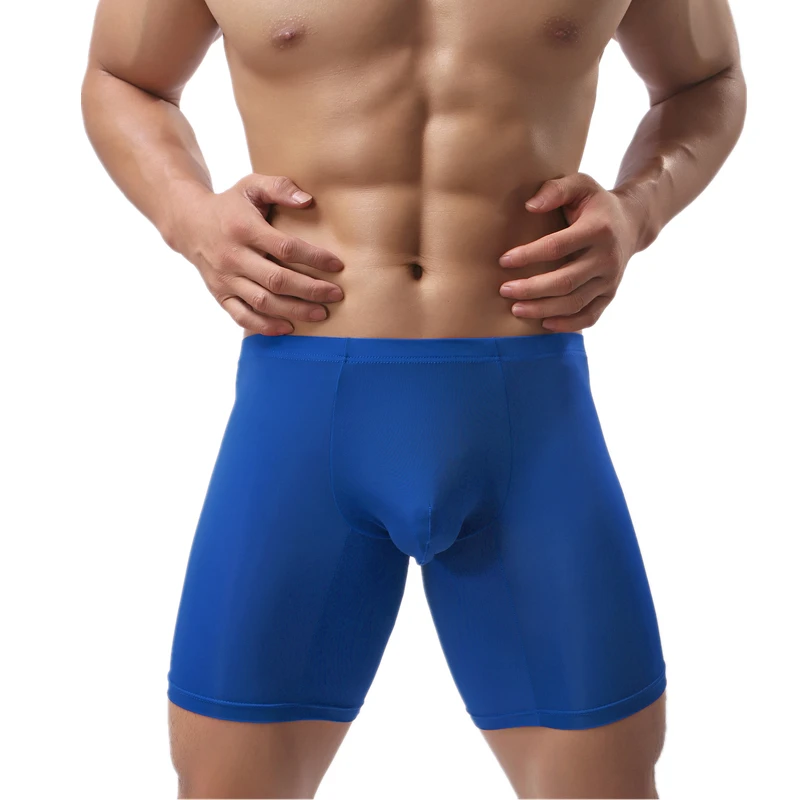 Ice Silk Long Men Boxer Low Waist Solid Men Underwear Boxer Shorts Long Leg Boxers Underpants Sexy U Pouch Boxer Underwear