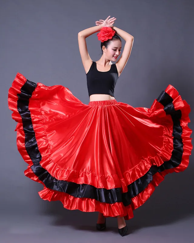 Woman New Spanish Bullfighting Skirt Belly Dance Adult Opening Square Oriental Dance Flamenco Dance Skirt 360 540 720 Degree