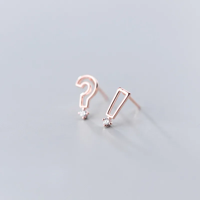 LKO Real 925 Sterling Silver Creative Luxury Question Exclamation Mark Stud Earrings For Women Daily Jewelry Trendy Ear Studs