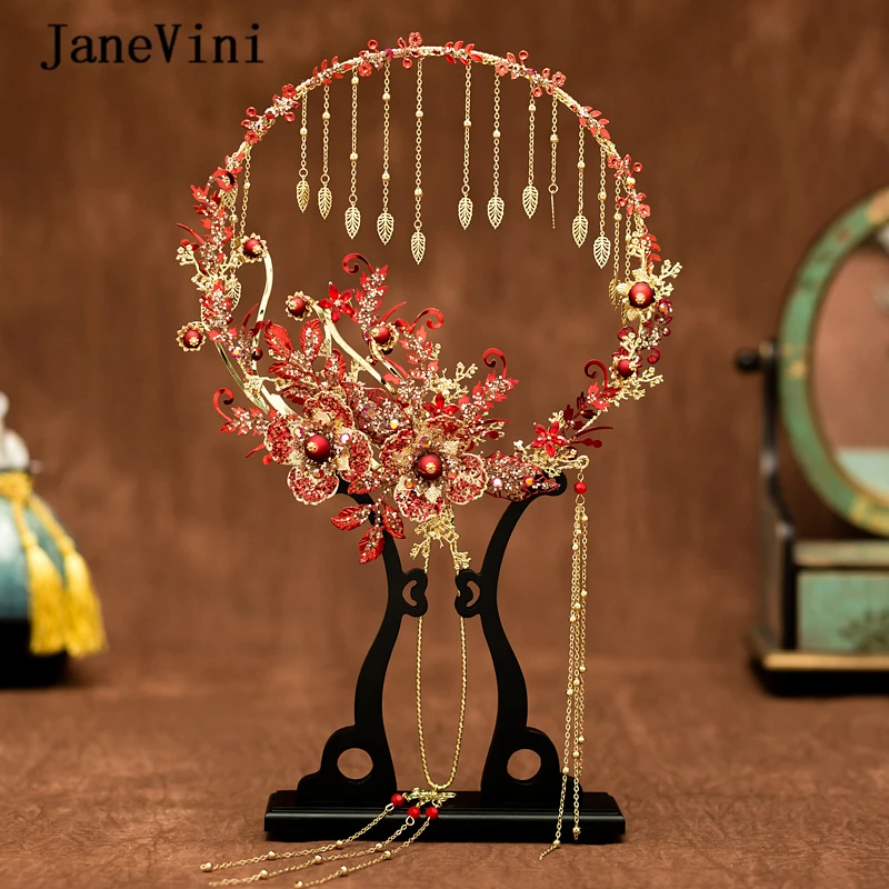 Janevini Nieuwe Glitter Sieraden Chinese Rode Bridal Fan Boeket Kwastje Handgemaakte Bloemen Kralen Oude Bruiloft Metalen Ronde Hand Fans