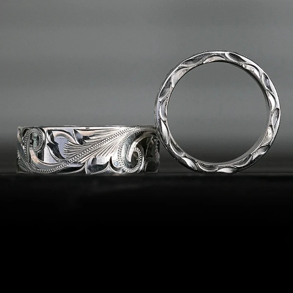 Huitan Delicate Carved Design Lovers’ Rings Silver Color Elegant Pattern Women/Men Couple Ring Anniversary Gift Trendy Jewelry