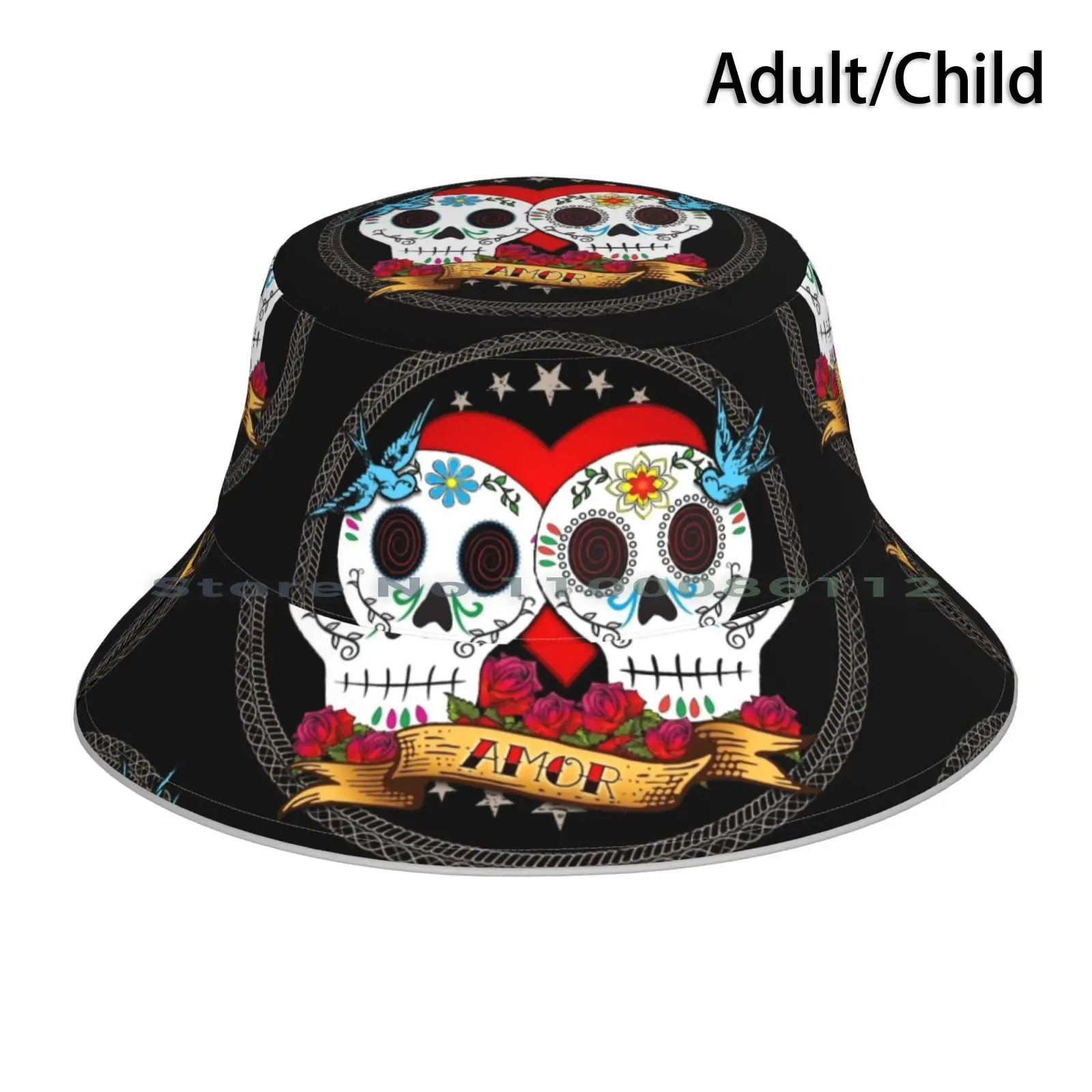 Love Skulls Bucket Hat Sun Cap Day Of The Dead Dia De Los Muertos Heart Amor Love Mexican Tattoo And Roll Calavera Valentine