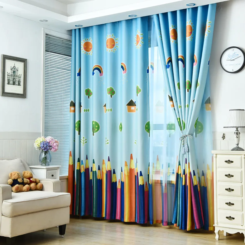 Blackout Curtains for Kids Pencil Sun Print, Blue Kitchen Window Panels, Bedroom Curtains  Fashion 2432