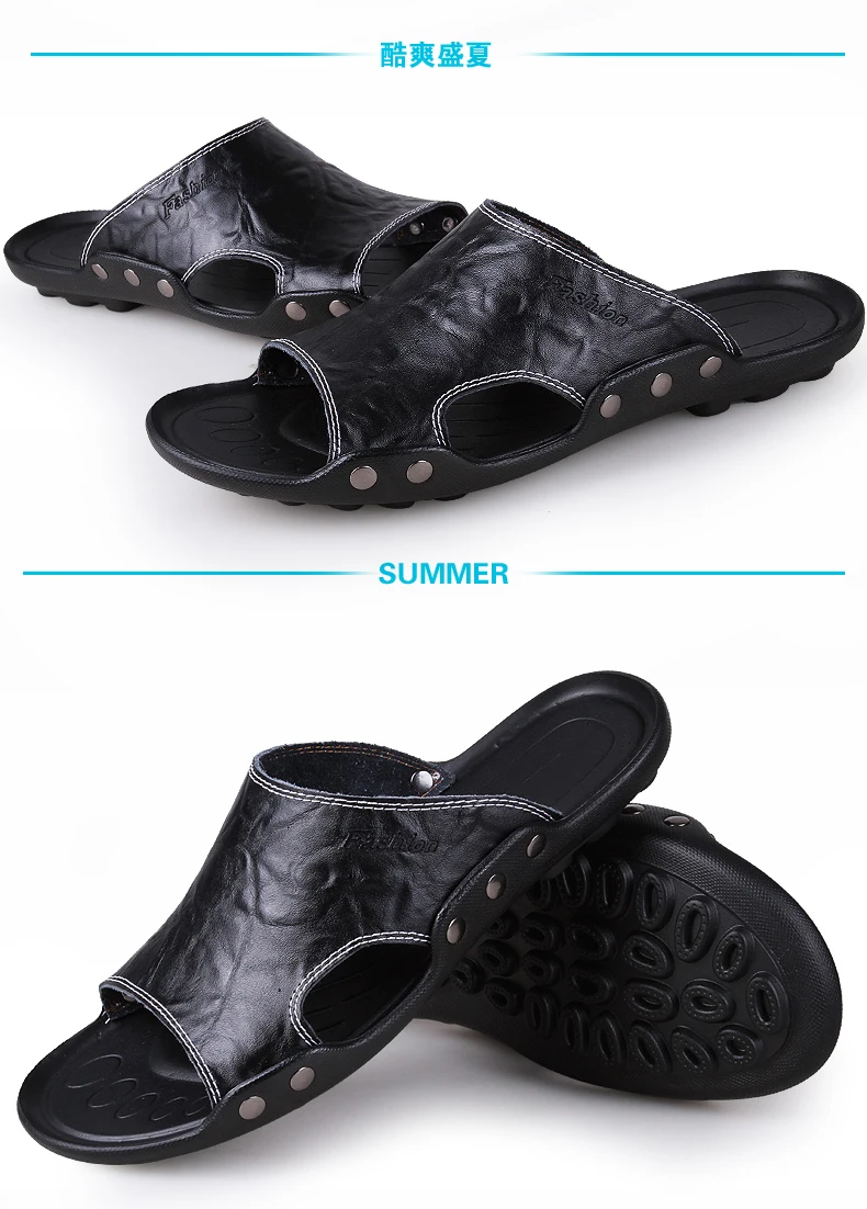 Leather Sandals for Men Summer Beach Slippers Genuine Sandals Hollow Out Breathable Flats Casual Slippers Plus Size