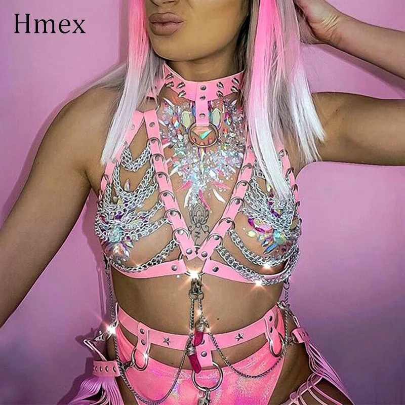 Pink Leather Harness Belt Chain Bra Bondage Garters Women Gothic Adjustable Long Tassels Waist Belt Suspenders