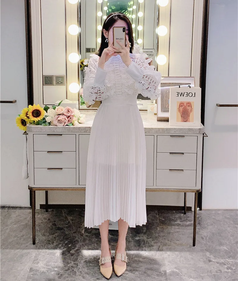 

Autumn Fashion Runway Designer White 3D Flower Pleated Dress Women Hollow Out Lace Patchwork Chiffon High Waist Temperament Dres