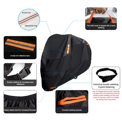Imagen 2 del producto Fundas gruesas 300D para motocicleta, diseño negro, resistentes al agua, para motores, polvo, lluvia, nieve, cubierta protectora UV para interiores y exteriores, M L XL XXL 3XL 4XL
