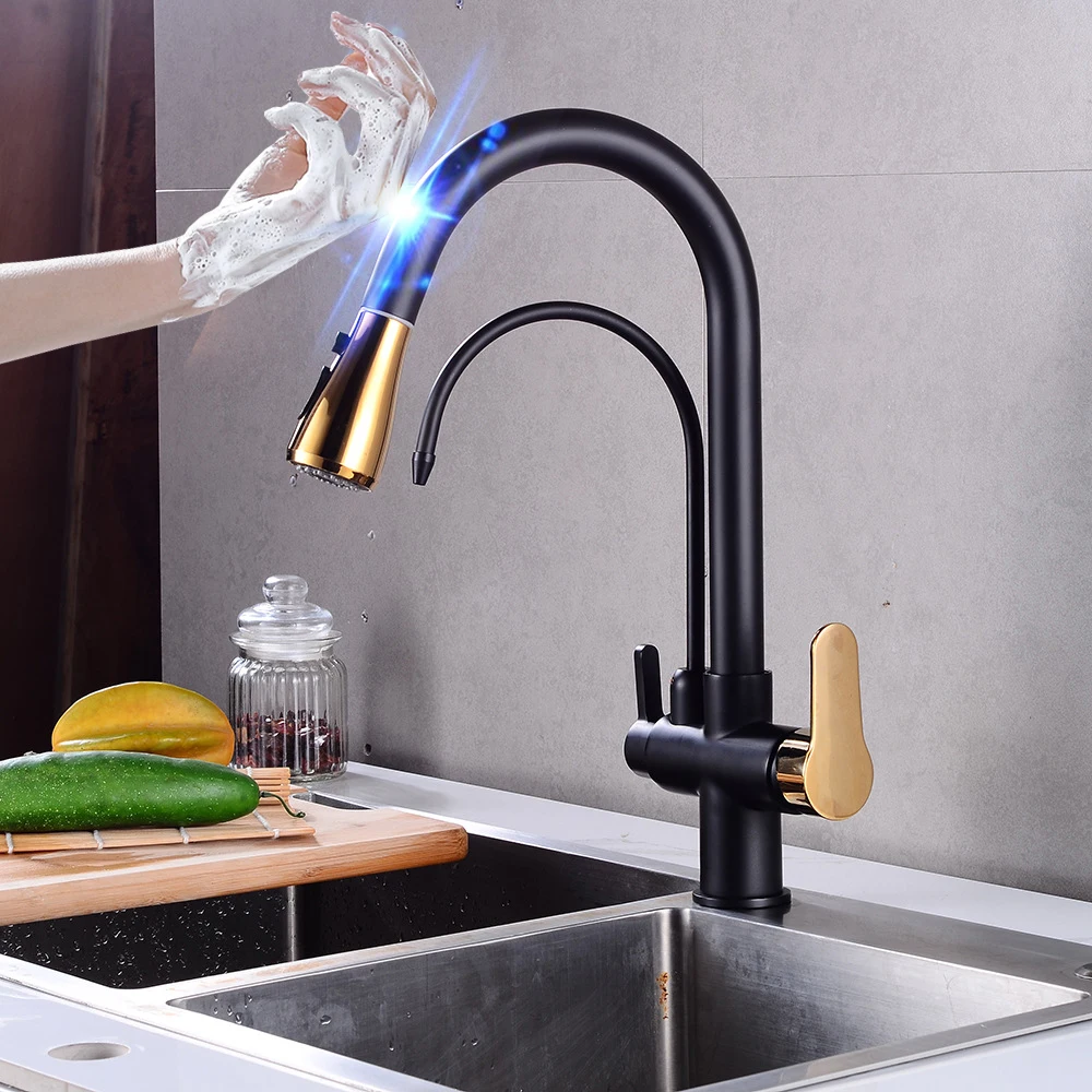 Touch Pull Out Kitchen Faucets Dual Handle Brass Filter Kitchen Mixer Faucet Hot Cold Pull Down Kitchen Tap Smart Touch Faucets