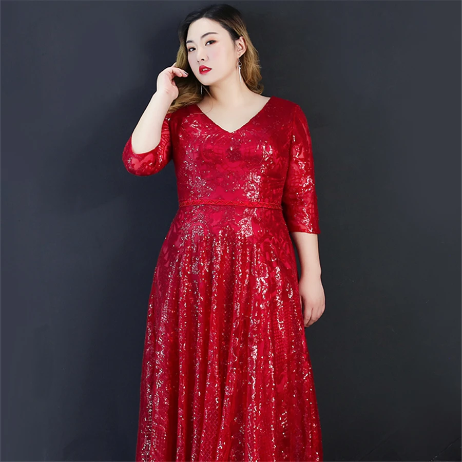 Sequins Evening Dress Burgundy Plus Size Women Party Dresses 2019 T255 V-neck Robe De Soiree Three Quarter Sleeve Evening Gowns