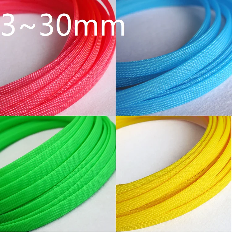 UV Green Yellow Blue Pink Fluorescent PET Braided Wire Cable Sleeve 3 4 6 8 10 12 16 20 25 30 40mm Tight High Density Expandable