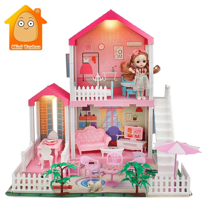 Princess Big Villa DIY Simulation Assembled Dollhouse Pink Castle Pretend Play Doll Game Educational Toy For Girl Birthday Gift