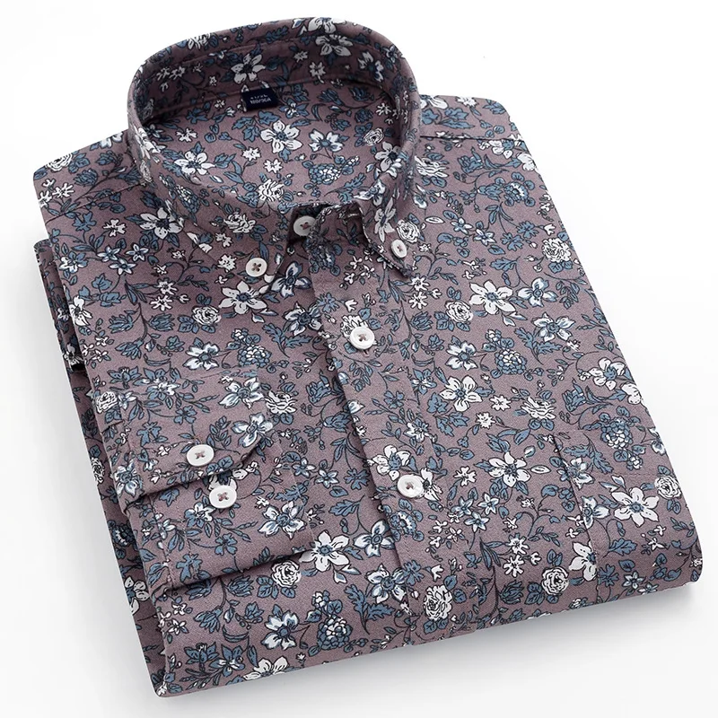 Heren Lange Mouwen Bloemenprint Katoenen Oxford Shirts Vintage Print Slim Fit Lente Knoop Down Casual Sociaal Shirt