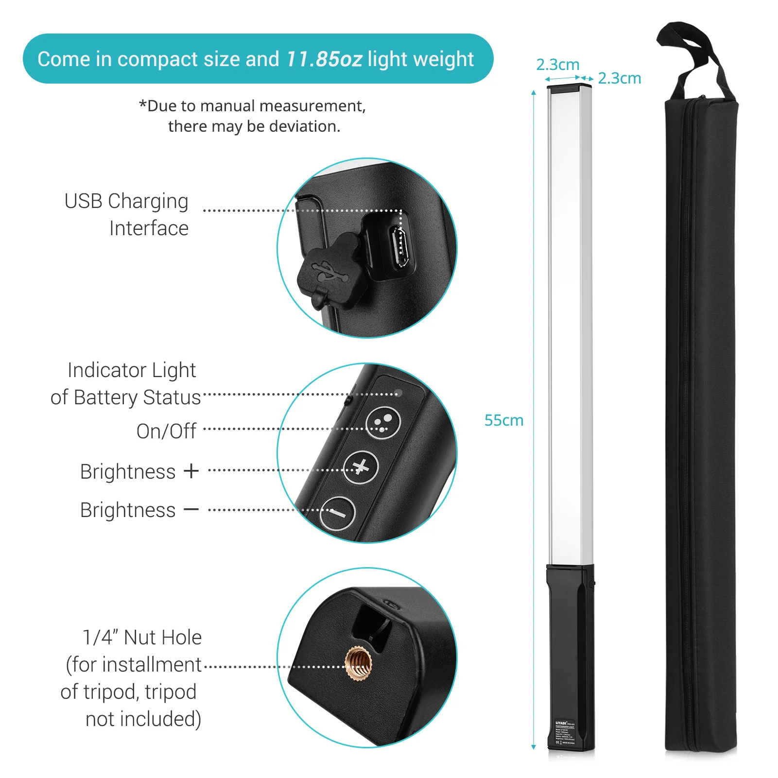 RGB Handheld LED Light Wand Rechargeable Photography Light Stick 10 Lighting Modes 12 Brightness Levels 1000 Lumens 3200-5600K