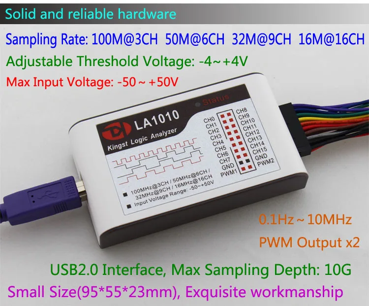 Kingst LA1010 USB Analizador Lógico 100 M max frecuencia de muestreo, 16 Canales, muestras 10B, MCU, ARM, FPGA herramienta de depuración de software