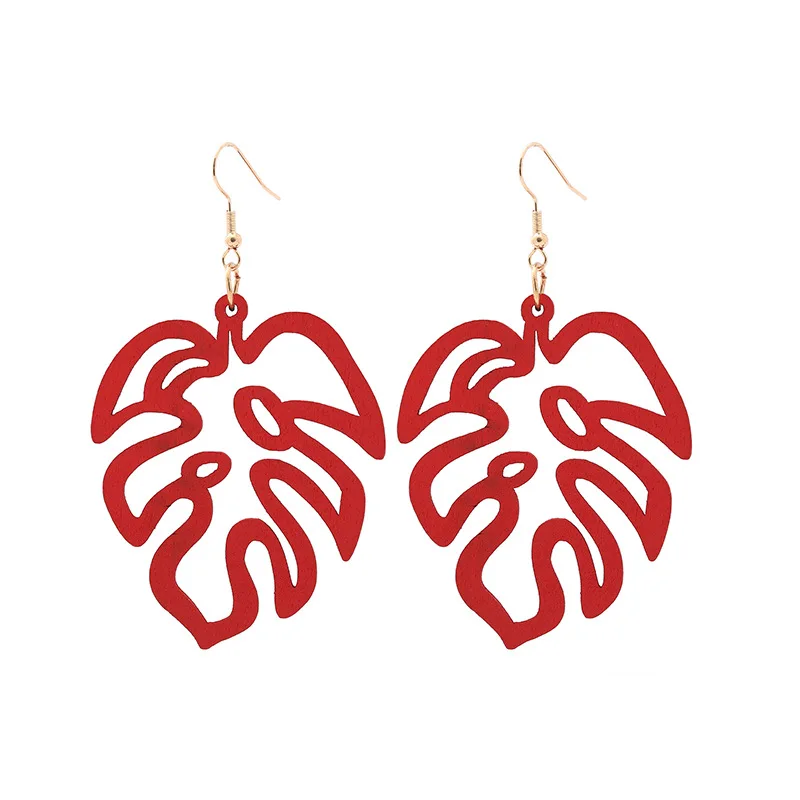 Cutout Monstera Leaf Wood Earrings for Women Fashion Wooden Earrings Vintage Earrings Jewelry Wholesale