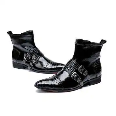 

black Bright skin leather men's boots chelsea fashion shoes High quality men's shoes Formal buckle pointed shoes wedding