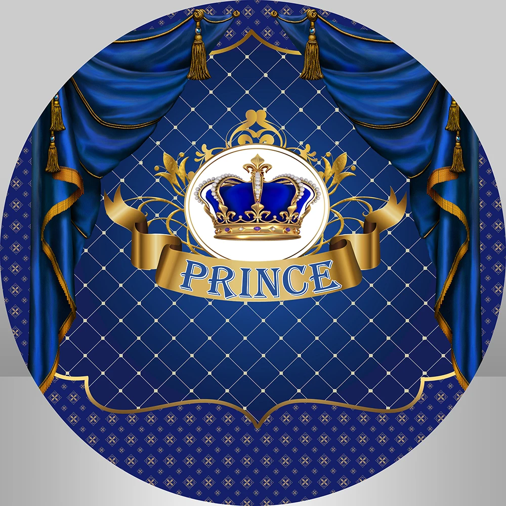 Royal Prince Baby Boy Birthday Round Backdrop Cover Custom Blue Curtains Baby Shower Circle Background Cake Tablecloth Cover