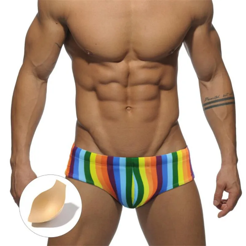 Mens Swimsuit Summer Sexy Swimwear Rainbow Fashion Briefs Low Waist Beach Surf Board Shorts Push Pad Swim Trunks Bathing Suits