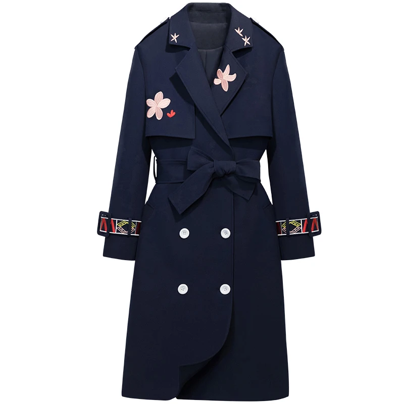 Spring Fad new embroidered windbreaker Korean version slim long sleeve double breasted over the knee mid long coat autumn