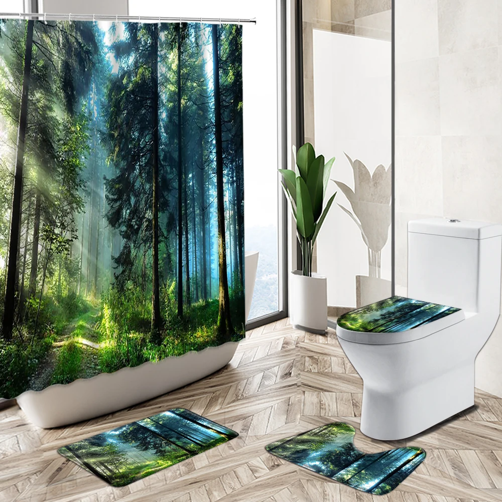 Foggy Forest Trees Landscape Shower Curtain Set Spring Green Plant Scenery Bathroom Bathtub Non-Slip Rug Toilet Cover Bath Mat