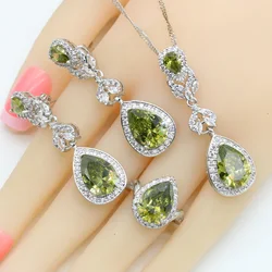 3 Colors Water Drop Olive Green Zirconia Dubai Jewelry Sets For Women Pendant Earrings Rings