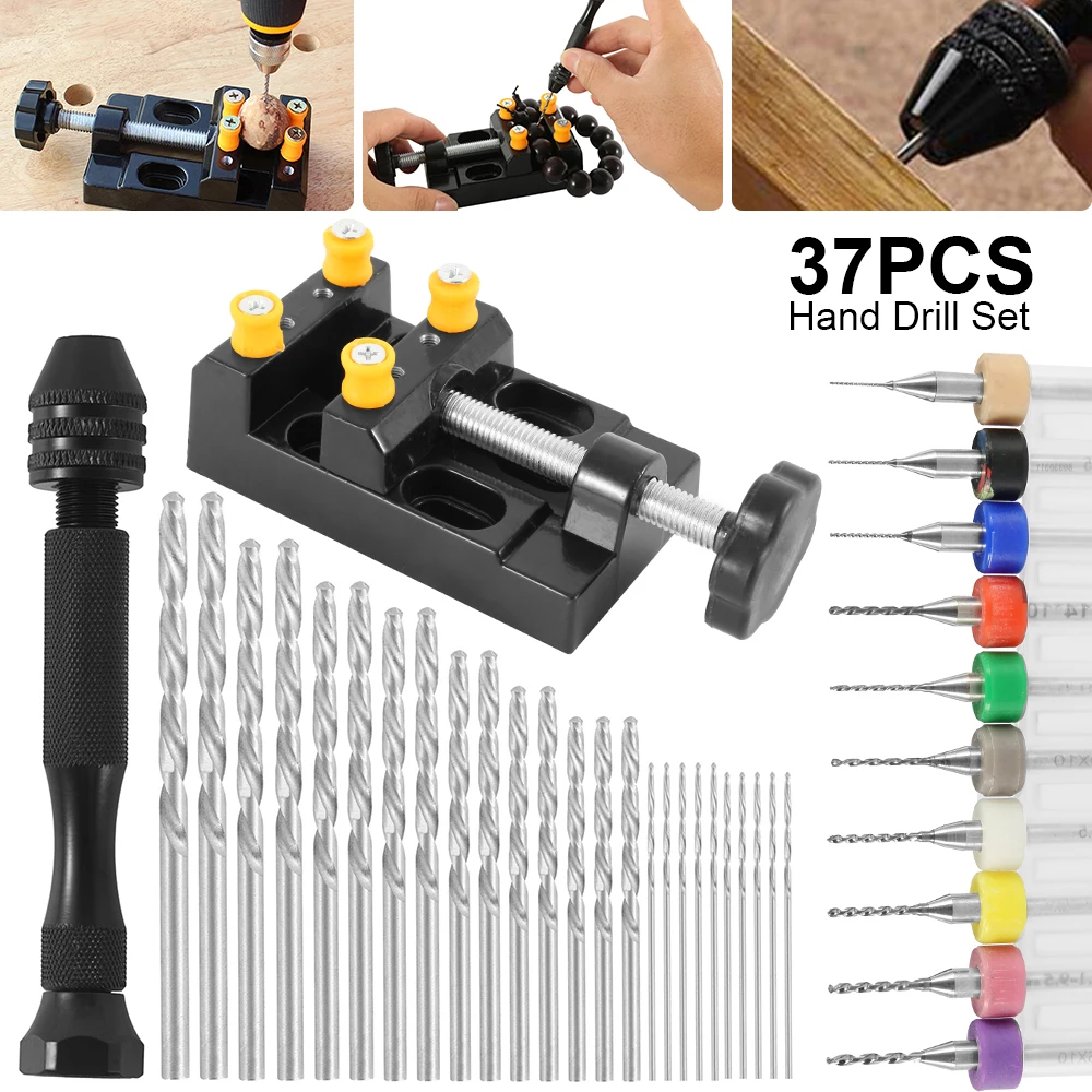 37pcs Twist Drill Bits Set Pin Vise Woodworking Hand Drill for Model Resin Jewelry Walnut Amber Beeswax Drill Bits for Metal