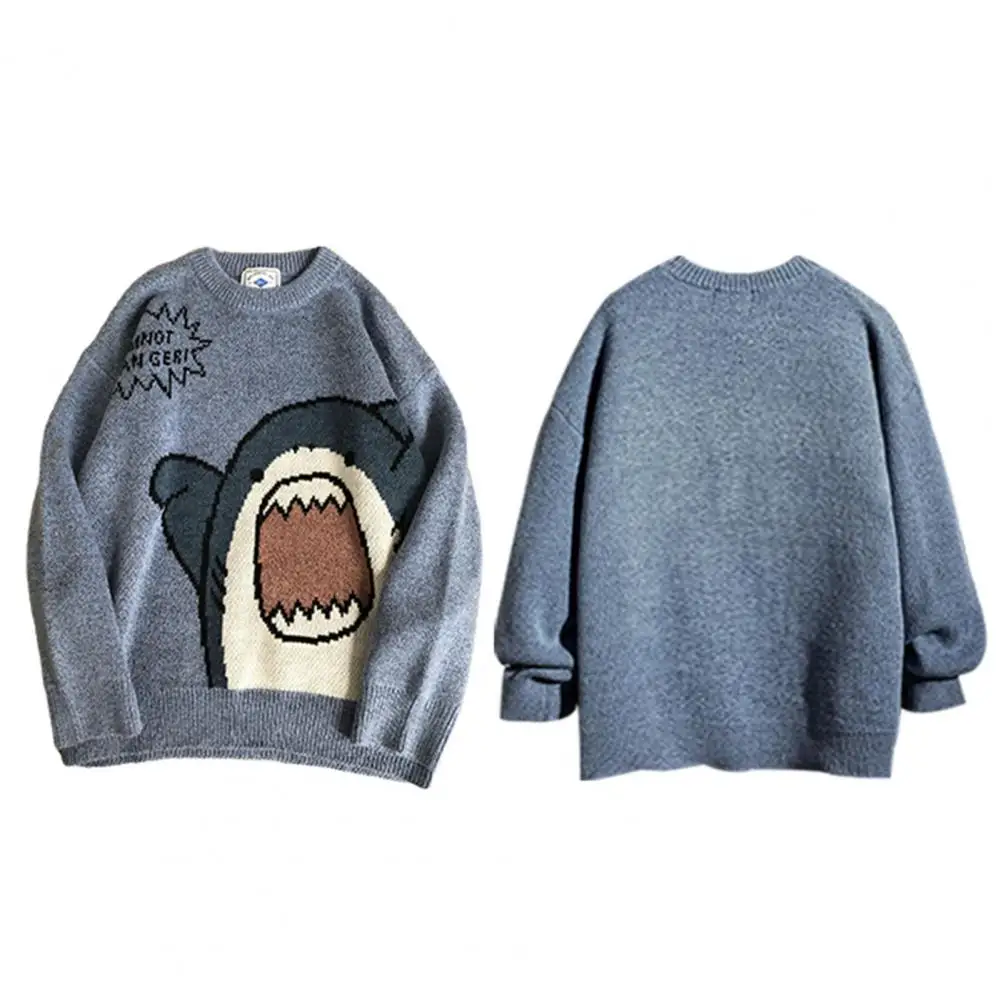 40%HOTWomen\'s Men\'s Sweater Cartoon Shark Print Round Neck Long Sleeve Sweater Top Student Sweater Everyday Loose Sweater