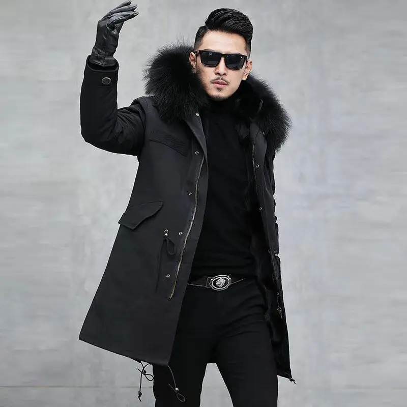 Winter Men\'s Long Waterproof Parka Natural Raccoon Fox Fur Collar Hood Real Rabbit Fur Liner Coat Jacket Mens Detachable