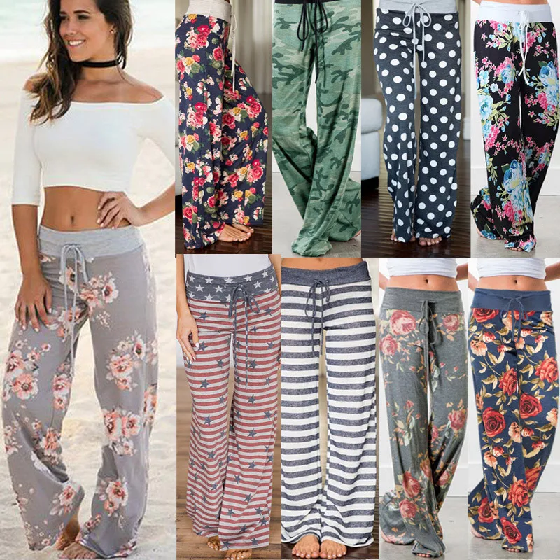 

Women's Loose Beach Pants Floral Print Drawstring Wide Leg Trousers Ladies Long Pant Sweatpants Clothes Summer Fashion