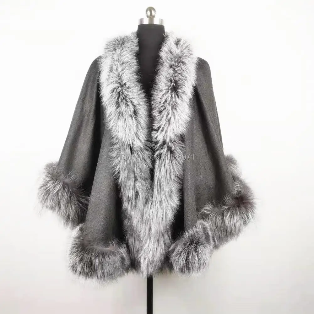 Custom Women Cashmere Cape With Big Fluffy Sliver Fox Fur Trim Poncho