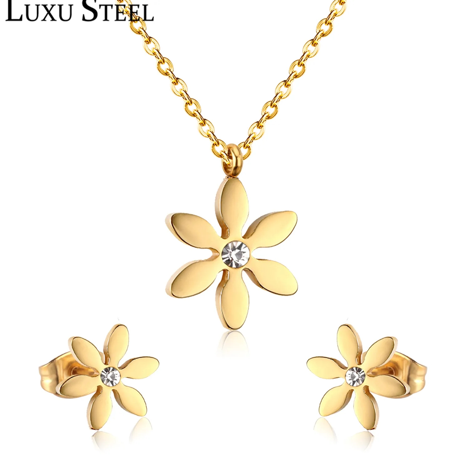 LUXUSTEEL Wedding Jewelry Sets Golden Color Flower Shape Pendant Necklace With Cubic Zirconia Earrings Brinco Party