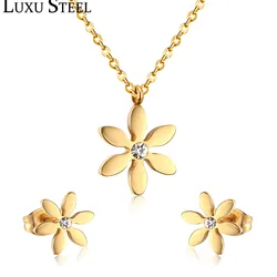 LUXUSTEEL Wedding Jewelry Sets Golden Color Flower Shape Pendant Necklace With Cubic Zirconia Earrings Brinco Party